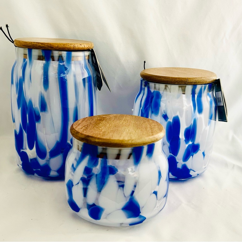 NWT Set Of 3 Gourmet Kitchen Murano Glass Jars With Acacia Lids White~Dark Blue